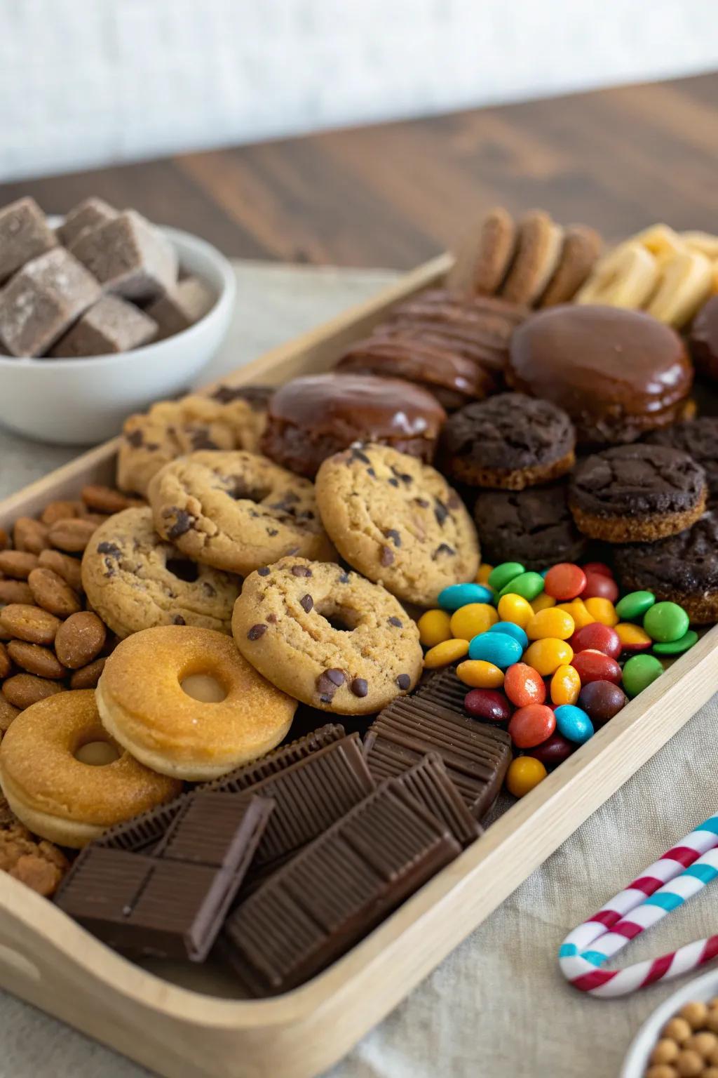 A dessert layout featuring assorted biscuits, circles of fried dough, and sweets in earthen hues.