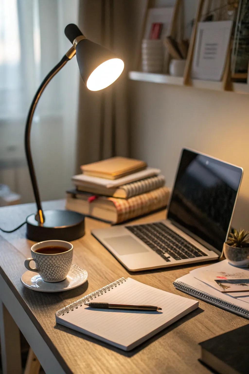 A desk lamp providing soft, ambient light for a welcoming workspace.
