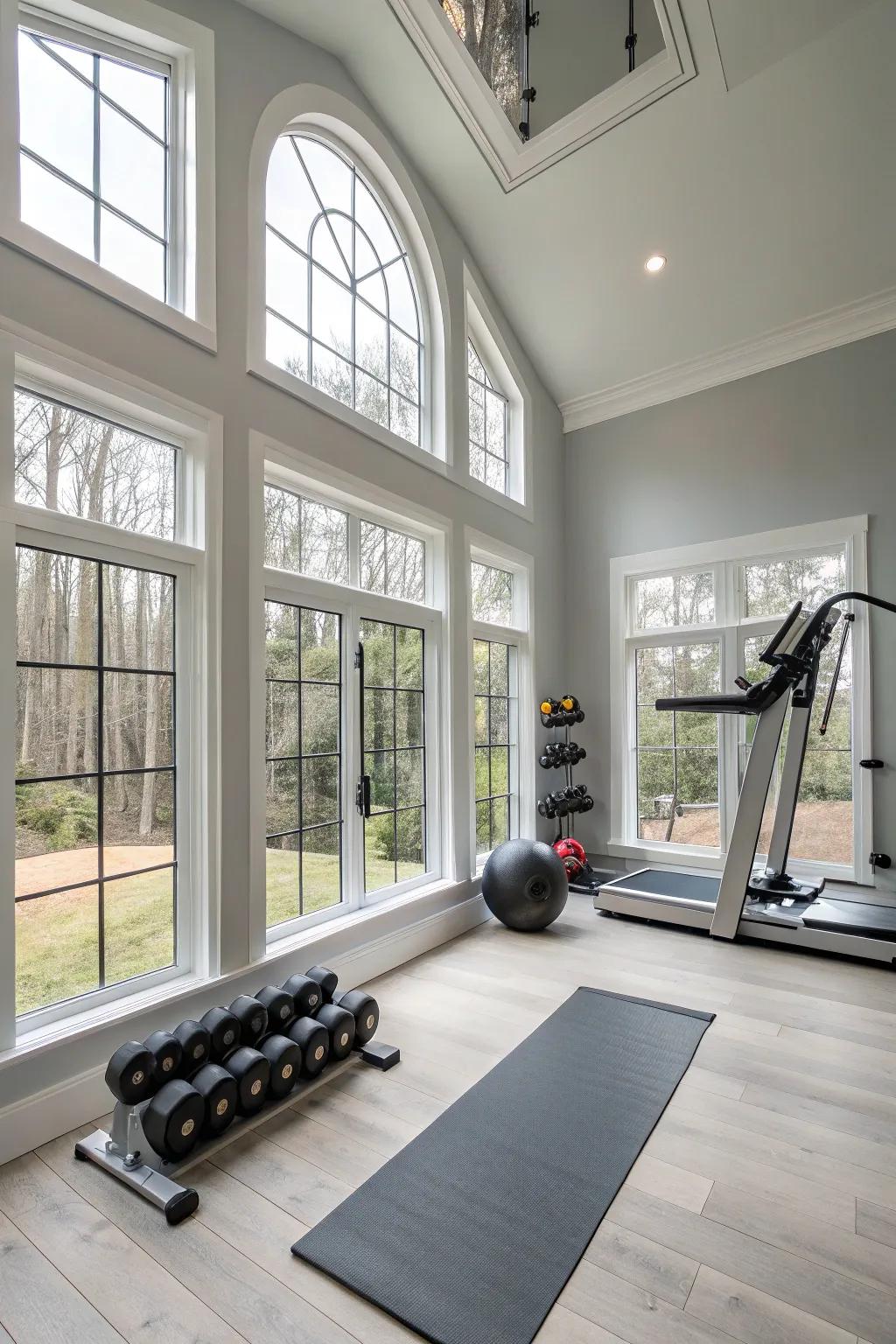 A contemporary gym space showcasing clean designs and natural light for a stimulating workout atmosphere.