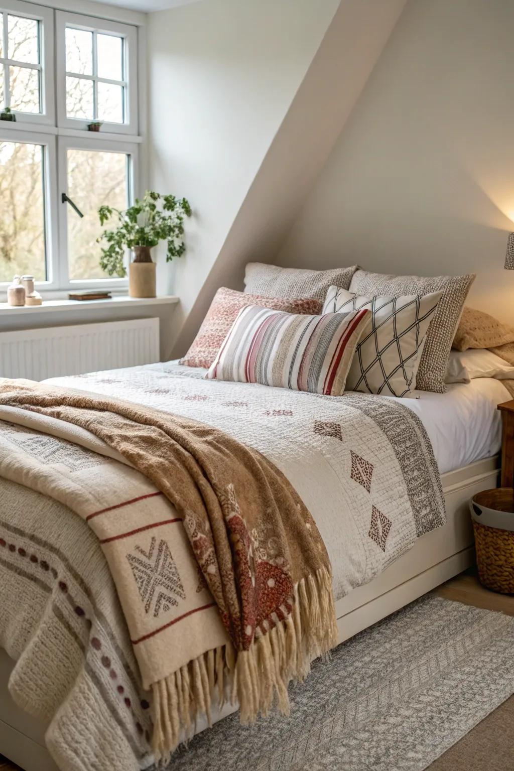 Rich textures introduce warmth and a sense of well-being to a diagonal bed setup.