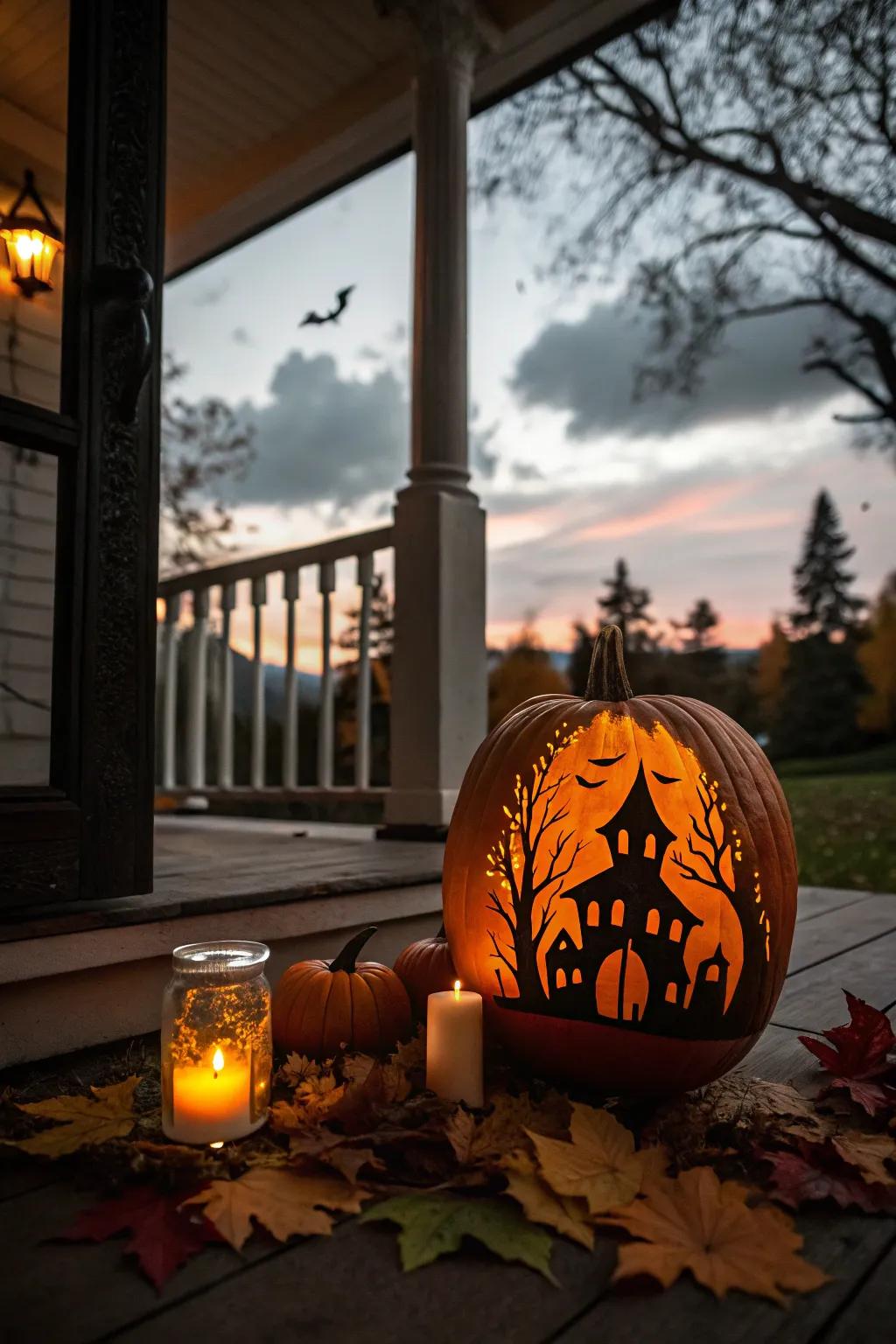 An eerie haunted house carving that simultaneously enchants and frightens.