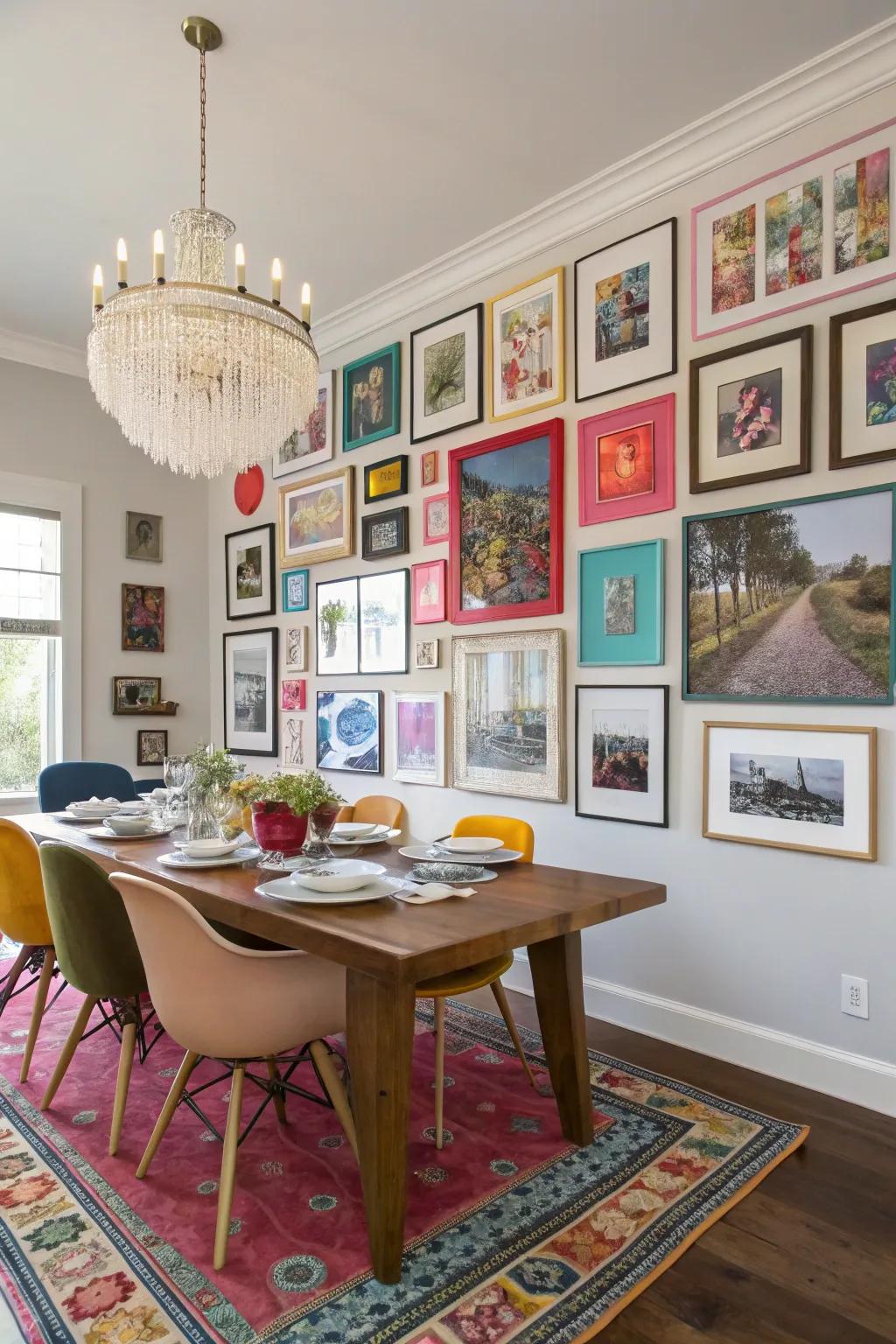 A gallery wall sparks conversations and adds a deeply personal touch to your dining room.