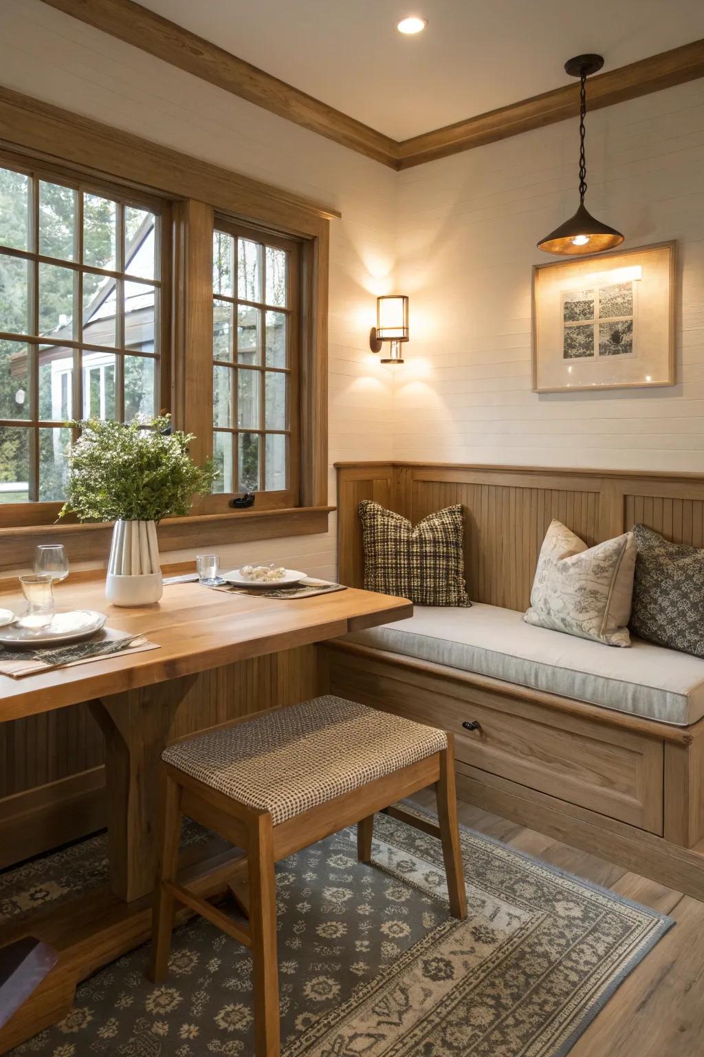 Space-saving built-in seating turns corners into inviting dining spots.