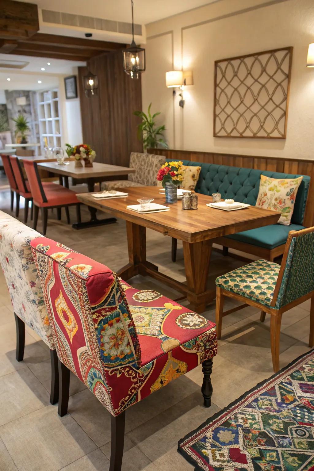 Varied seating establishes a friendly and lively dining atmosphere.