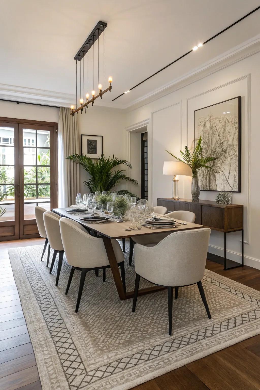 A neutral floor covering serving as a flexible base in the dining area.