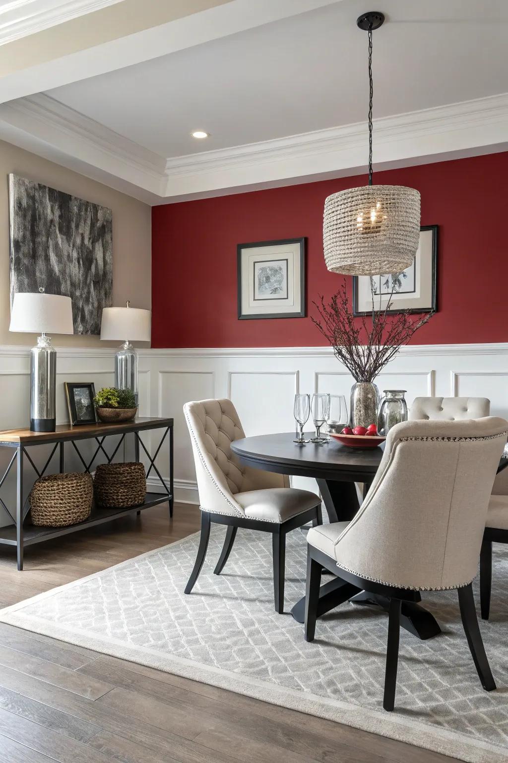 A vibrant shade beneath the chair rail delivers a modern and striking look.