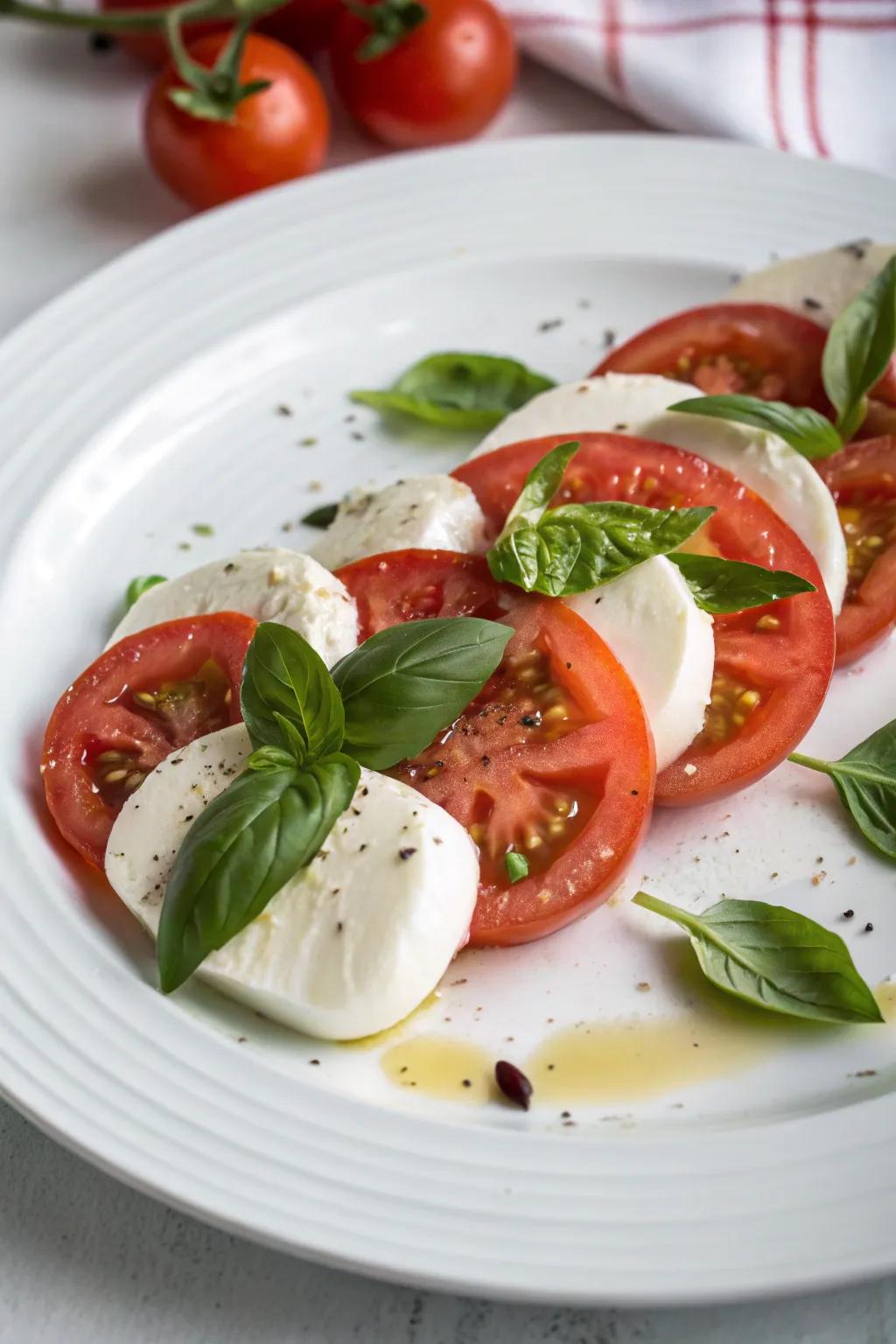 Indulge in Italy's essence with a timeless Tomato and Mozzarella Salad.
