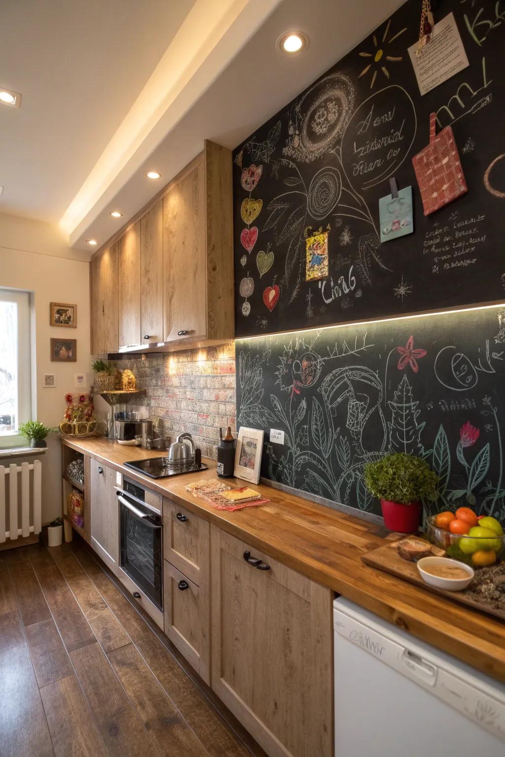 A slateboard backsplash brings an element of fun and interaction to your kitchen.