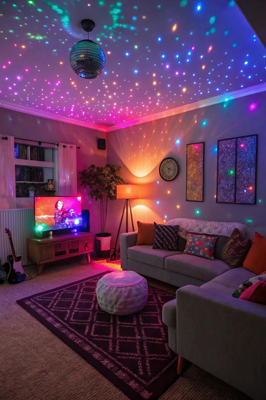Colorful LED lights transform the living room into a vibrant disco dance floor.