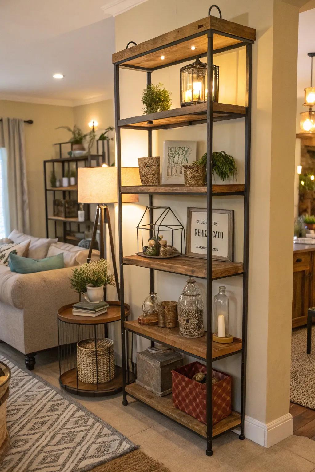 Eclectic shelves with mixed materials.