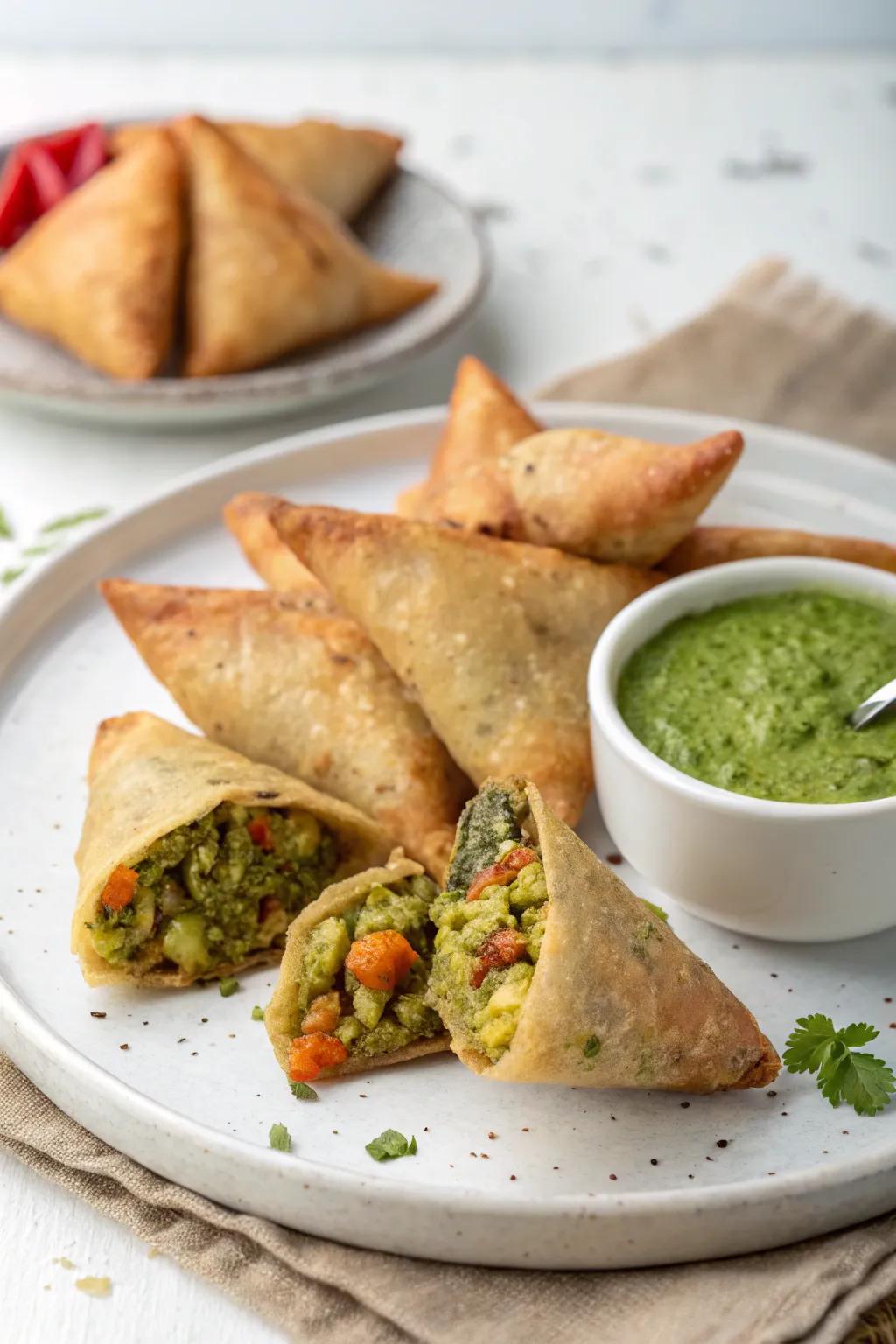 A contemporary take on the savory snack with a quinoa and vegetable filling, served with mint dip.