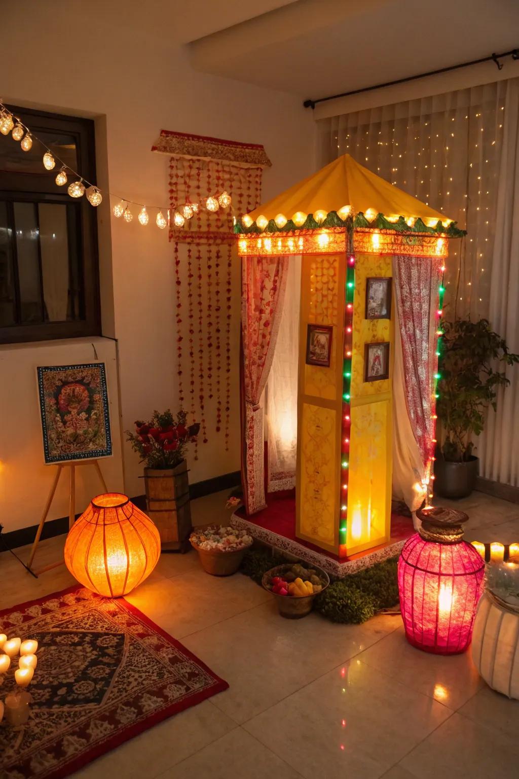 Classic light fixtures casting a cozy radiance in the Diwali snapshot station.
