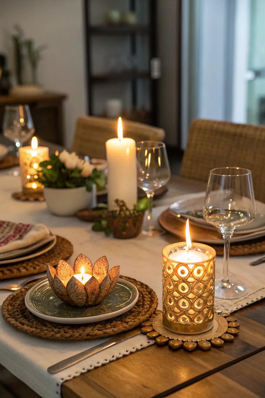 Tapers and oil lamps emitting a comforting and welcoming glow on the Diwali table.