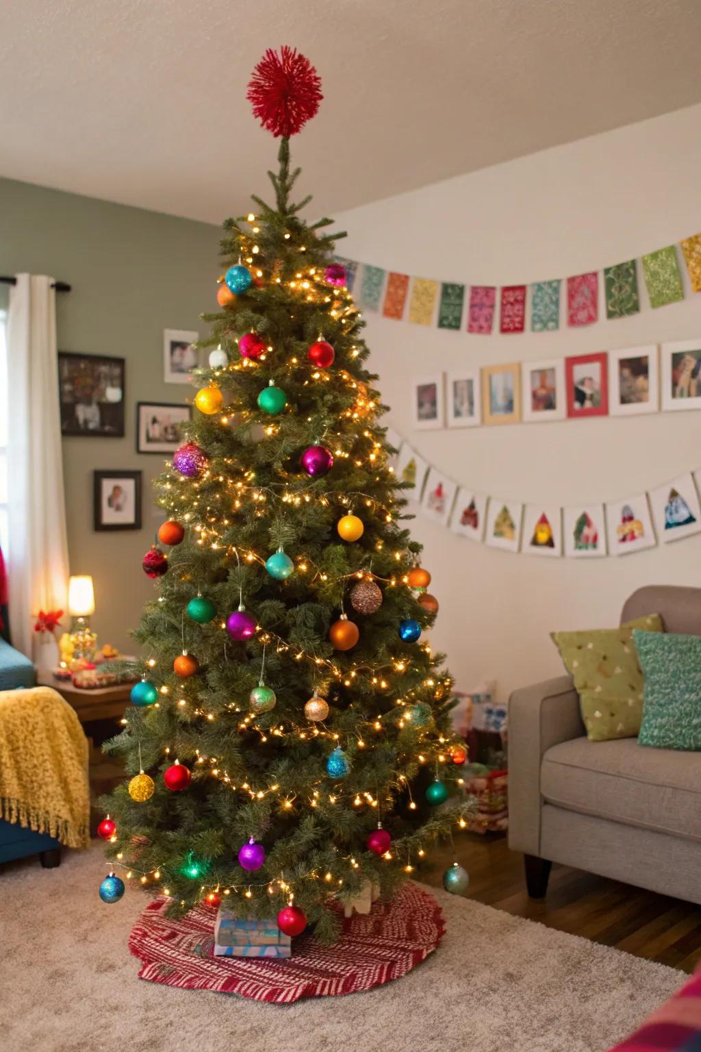 An explosion of color with a fluffball topper.