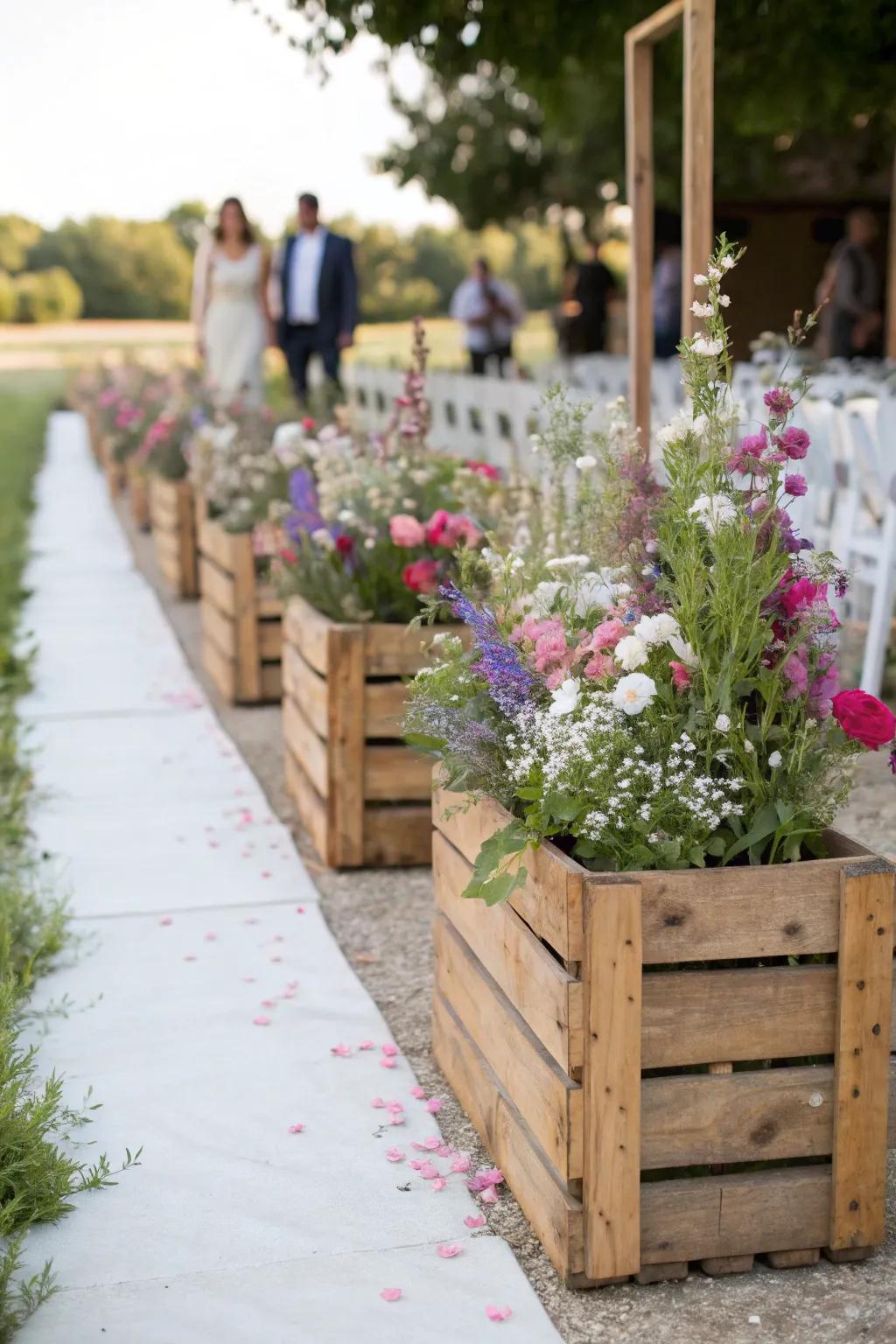 Wood boxes brimming with flowers provide a country aesthetic to your aisle.