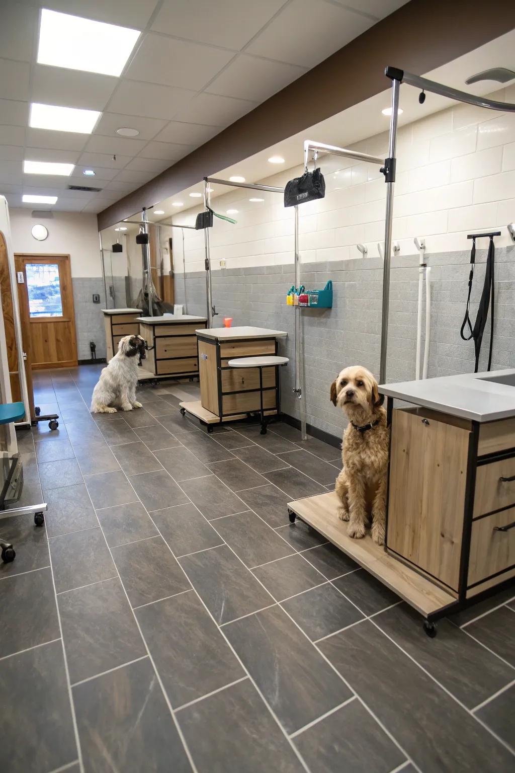 Surfaces designed for easy care in a highly functional grooming salon.
