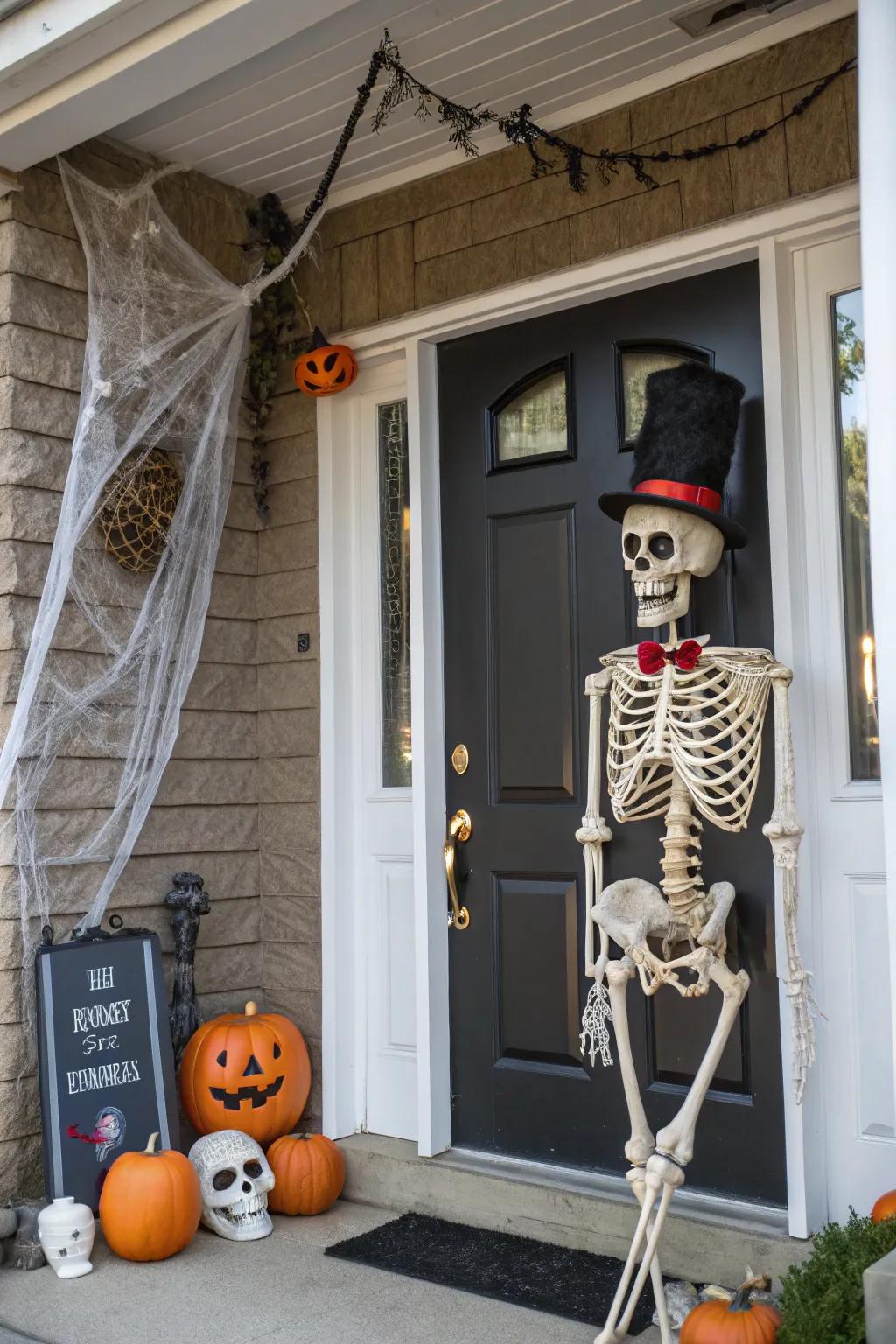 A skeleton greets visitors at this All Hallow's Eve-inspired doorway.