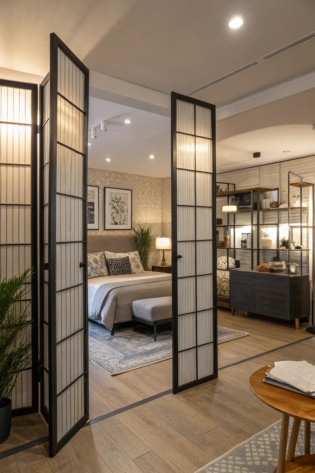 Folding screens offer a stylish and adaptable way to section off areas in your studio apartment.