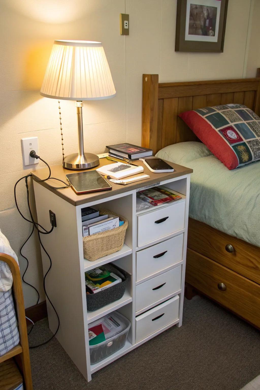 A versatile bedside table delivers concealed storage in an elegant design.