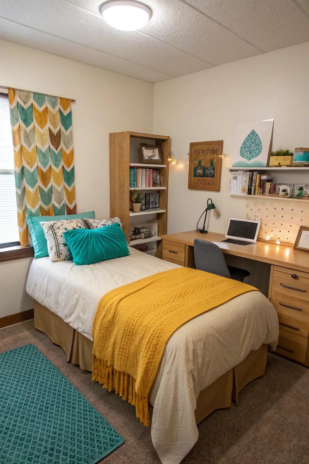 Accent colors skillfully introduce energy and character to a neutral-themed dorm room.