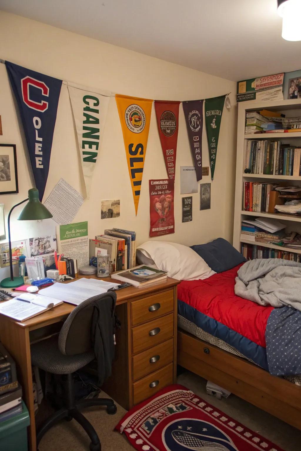 A dorm room decked out with college banners, creating a sense of school spirit.