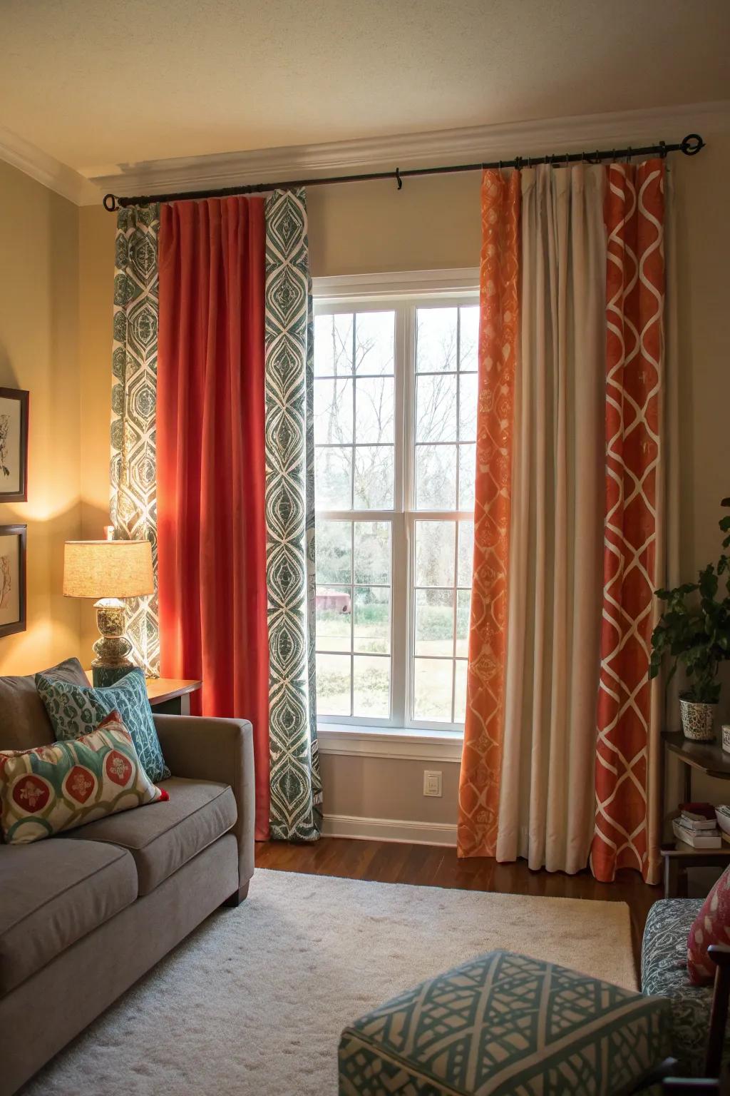 Double curtains with mixed patterns and solids add intrigue to this living room.