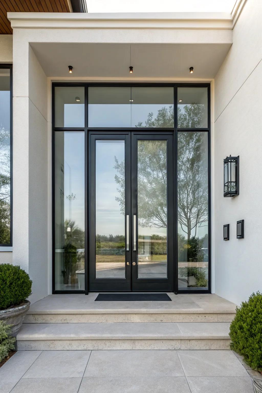 Modern glass section doors that brighten the doorway with natural light.