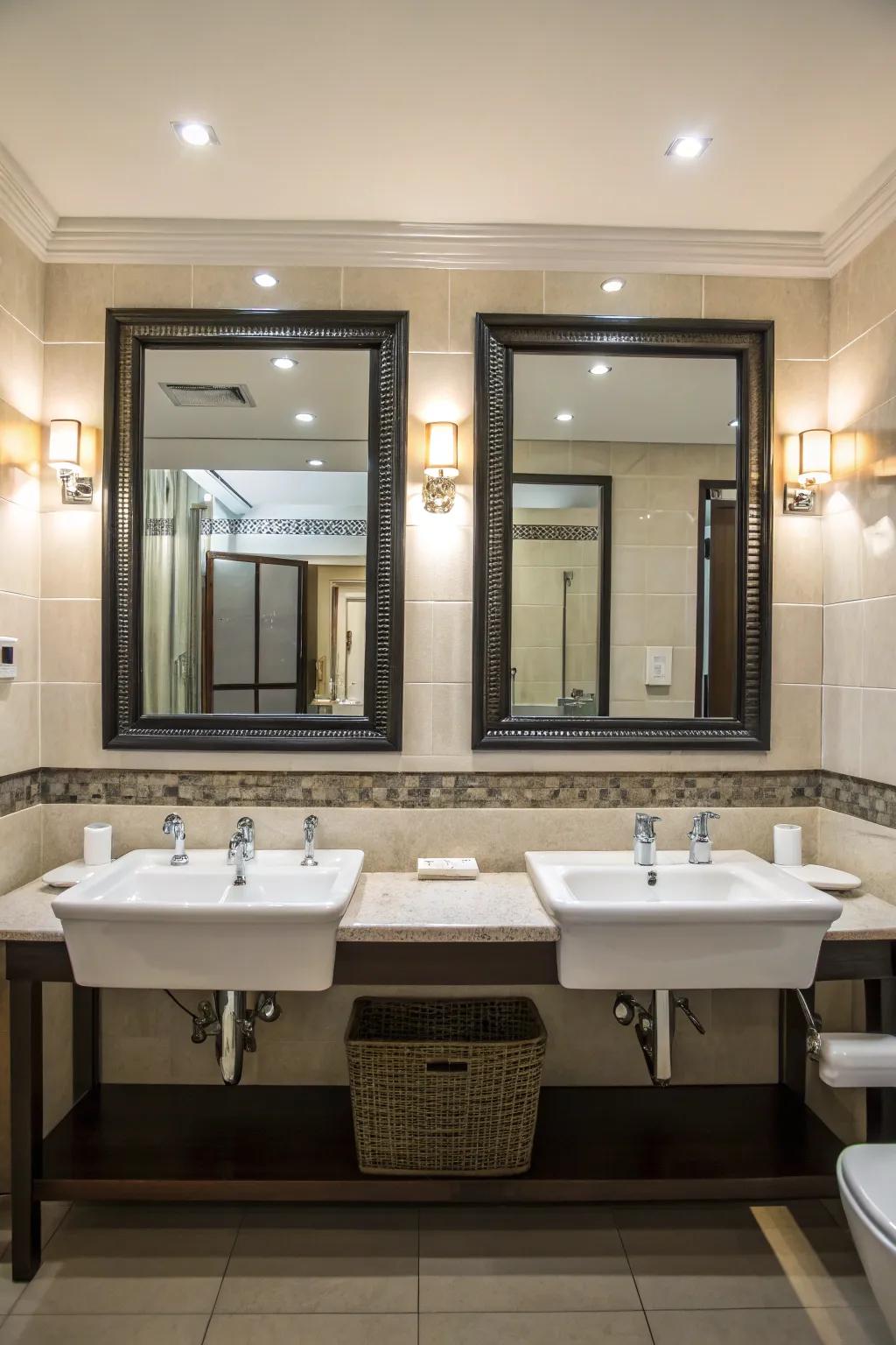 A symmetrical bathroom arrangement with flawlessly aligned double sinks and looking glasses.