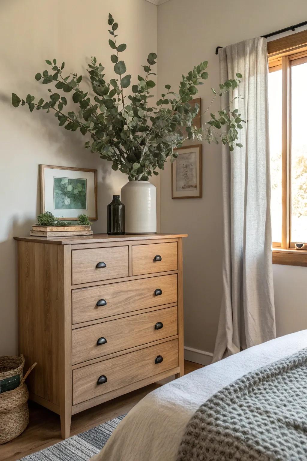 Eucalyptus displayed in a vase introduces freshness and vibrancy to the dresser.