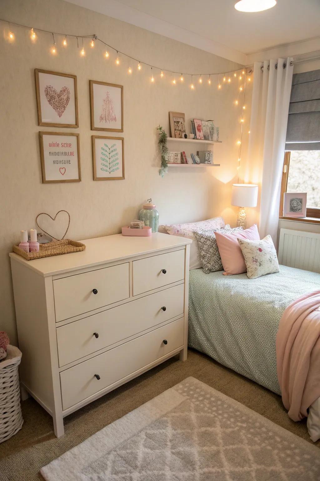 A light-toned dresser enhancing the airy atmosphere of a petite bedroom.
