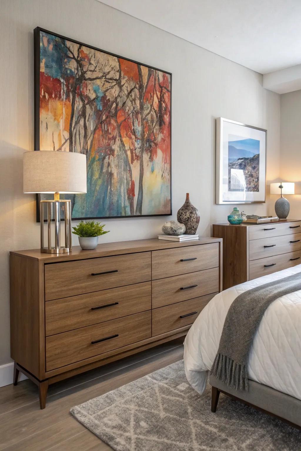 Art transforms the dresser into a gallery of personal expression.