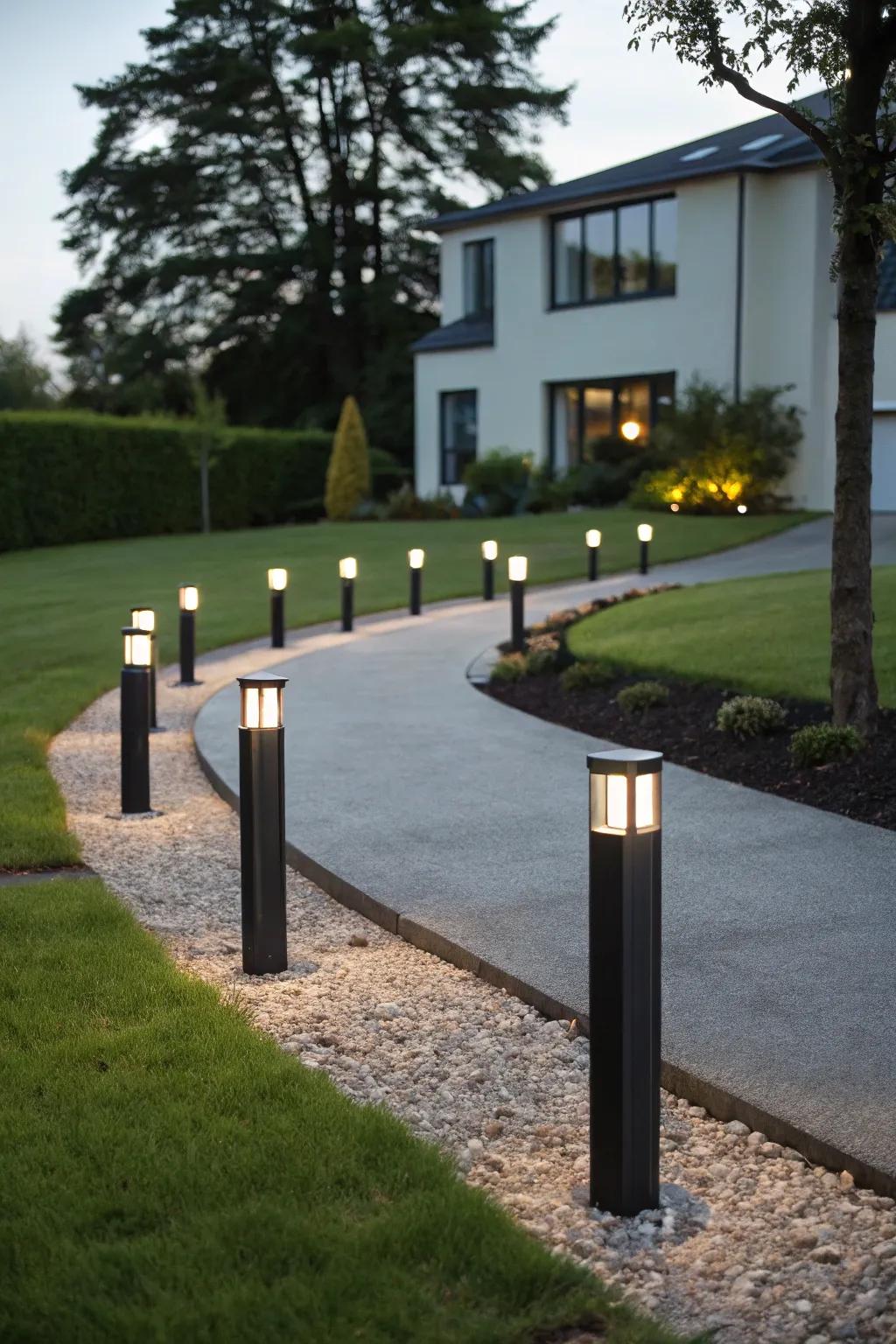 Modern bollard lights adding a stylish accent to the driveway.