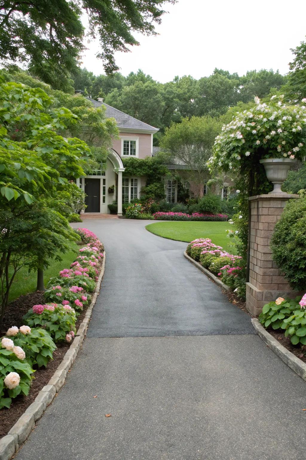 A driveway lined with lively vegetation and flower patches.