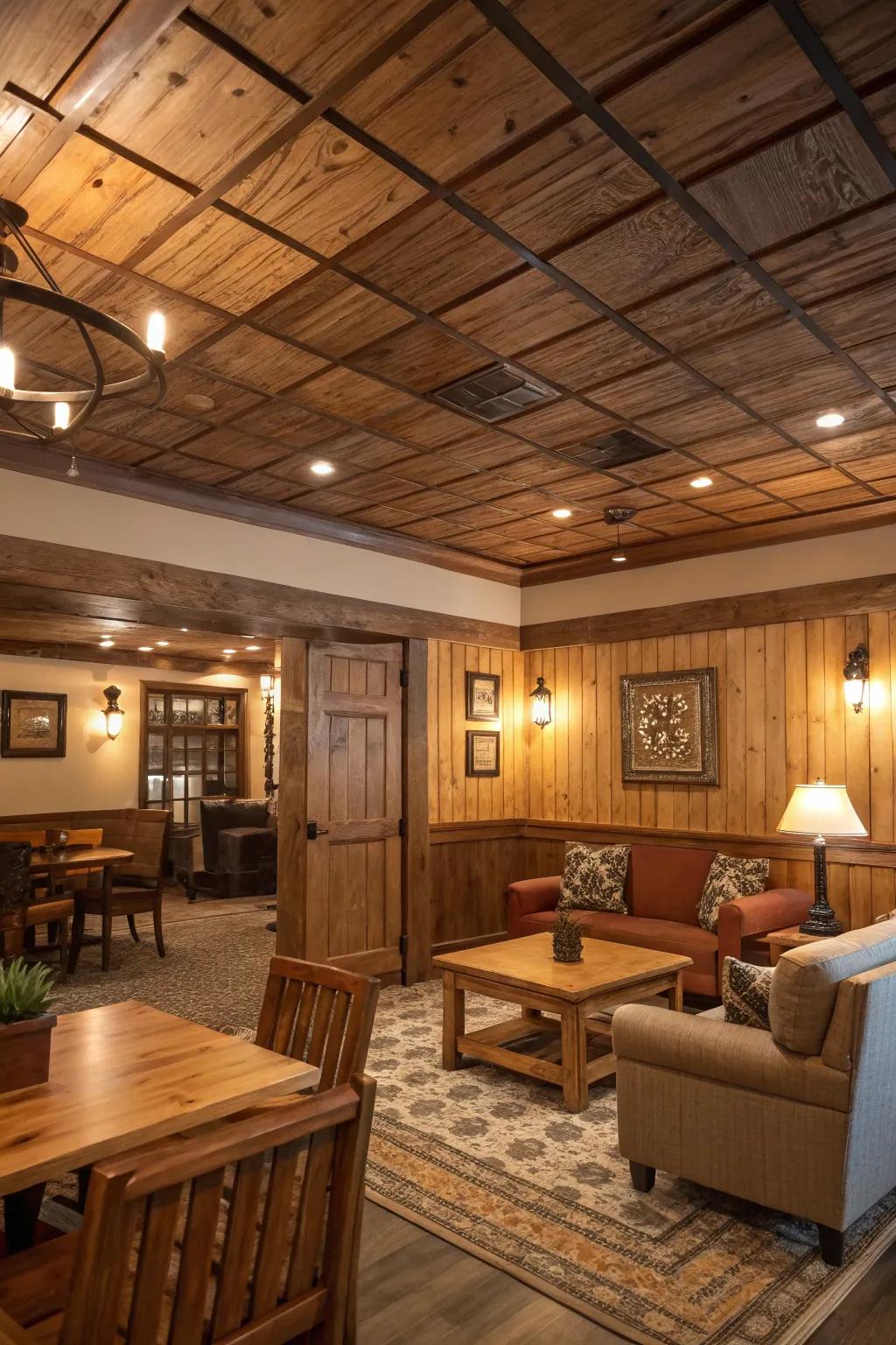 The allure of country design with wood panel false ceilings.