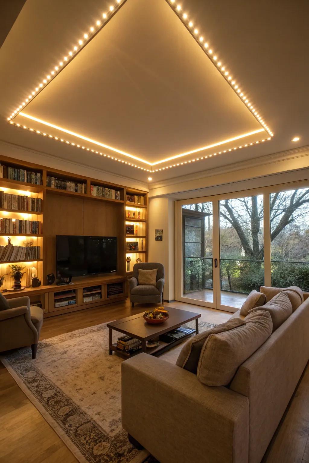 LED strips add a cozy glow around this living room ceiling.