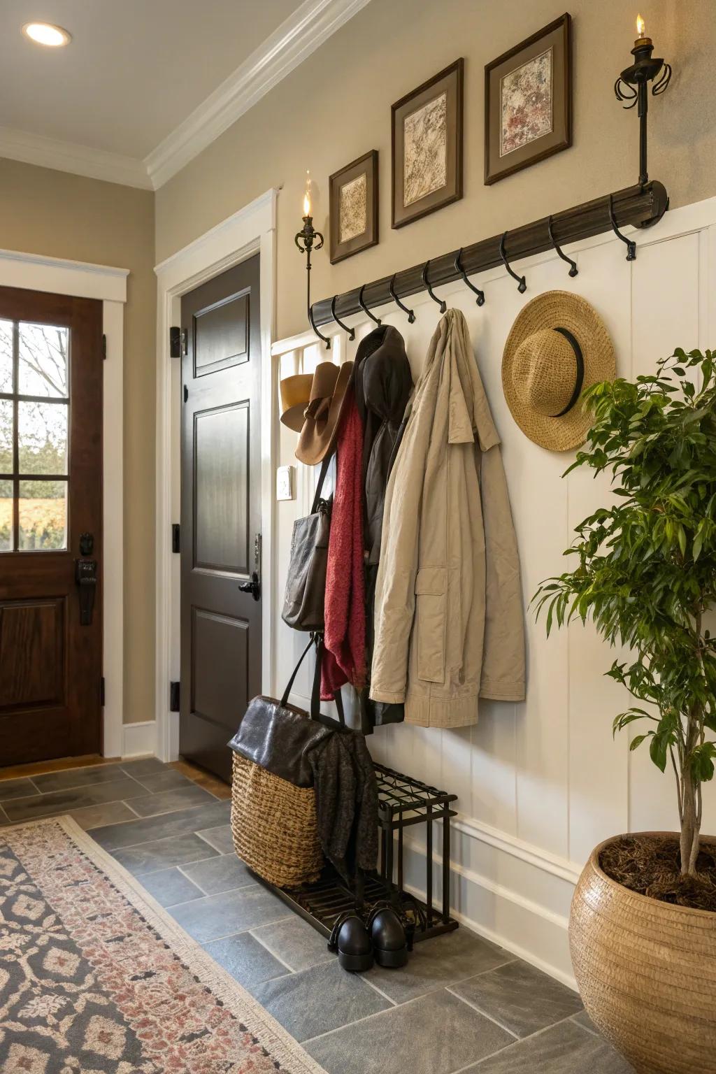Staggered hangers give lots of space for hanging items.