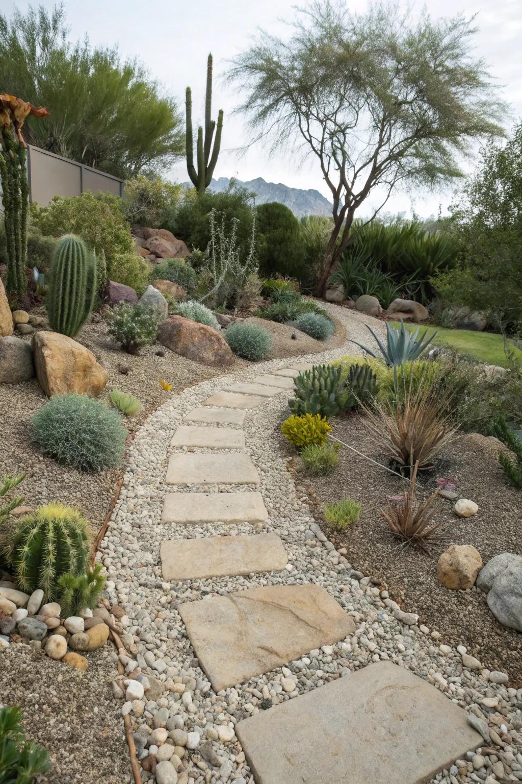 Gravel and rock pathways offer style and practicality in dry landscapes.