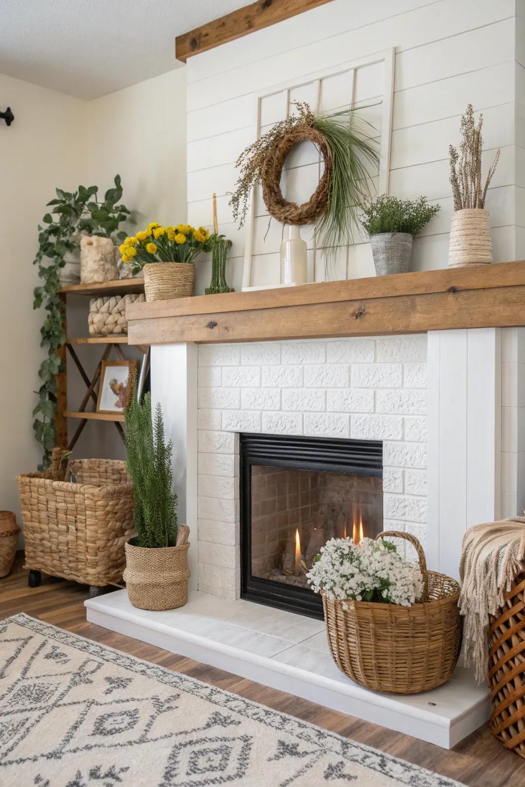A plasterboard hearth enhanced with elements of nature.