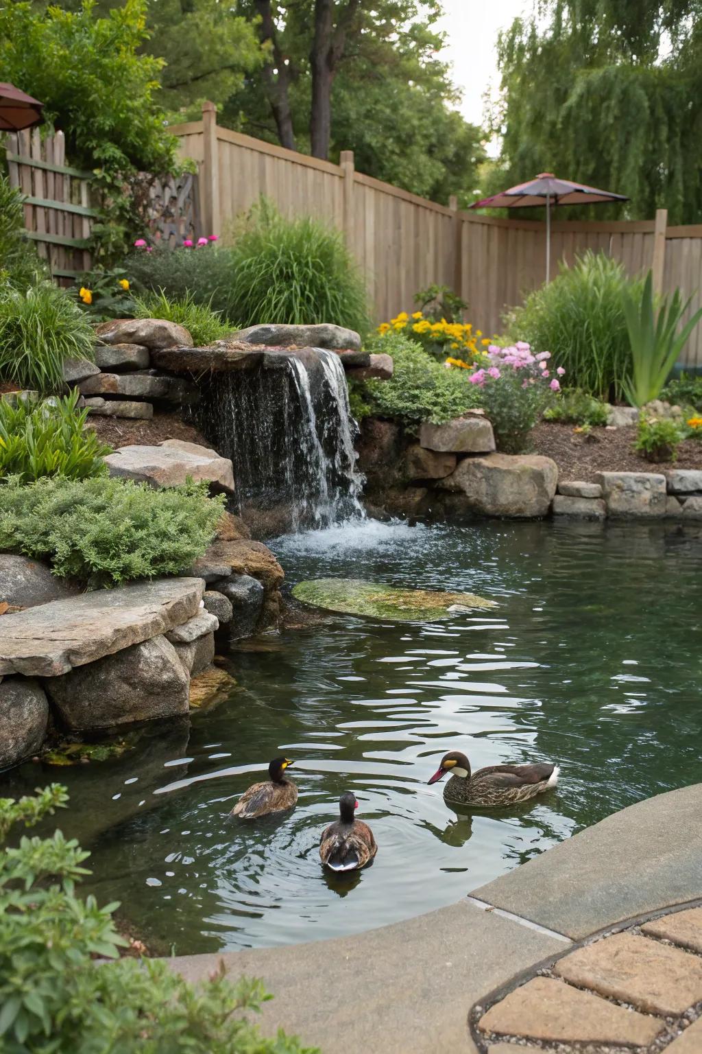 A lively cascade infuses vitality and movement into a duck pond.
