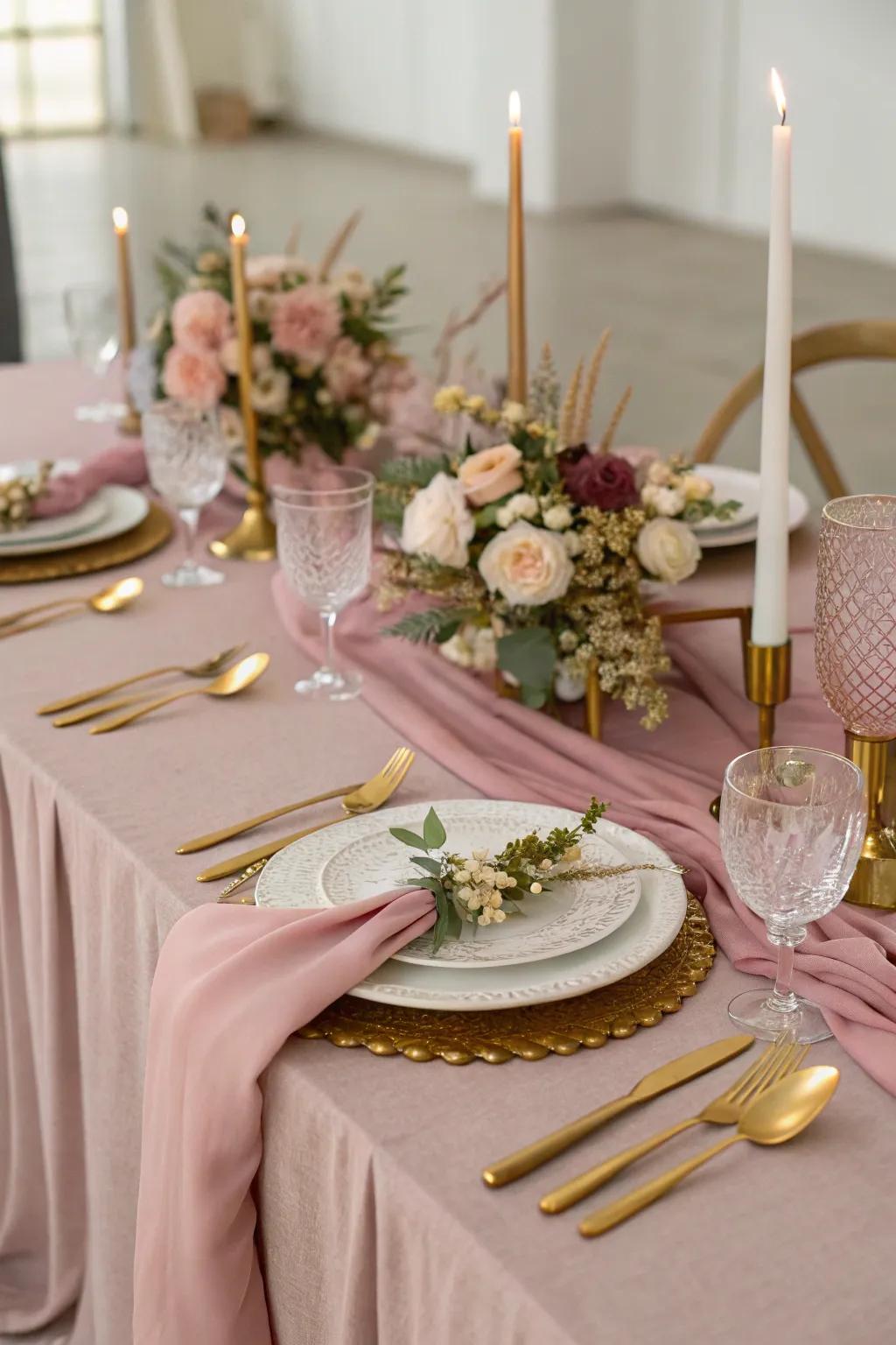 Sophisticated place setting using misty rose and gold.