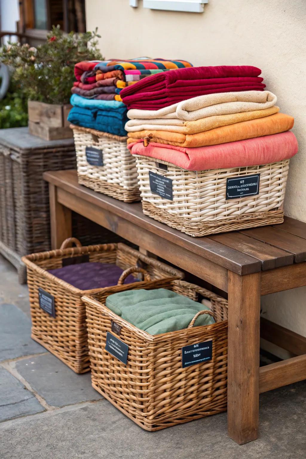 Baskets and boxes enhance a space with rustic flair while providing efficient storage.