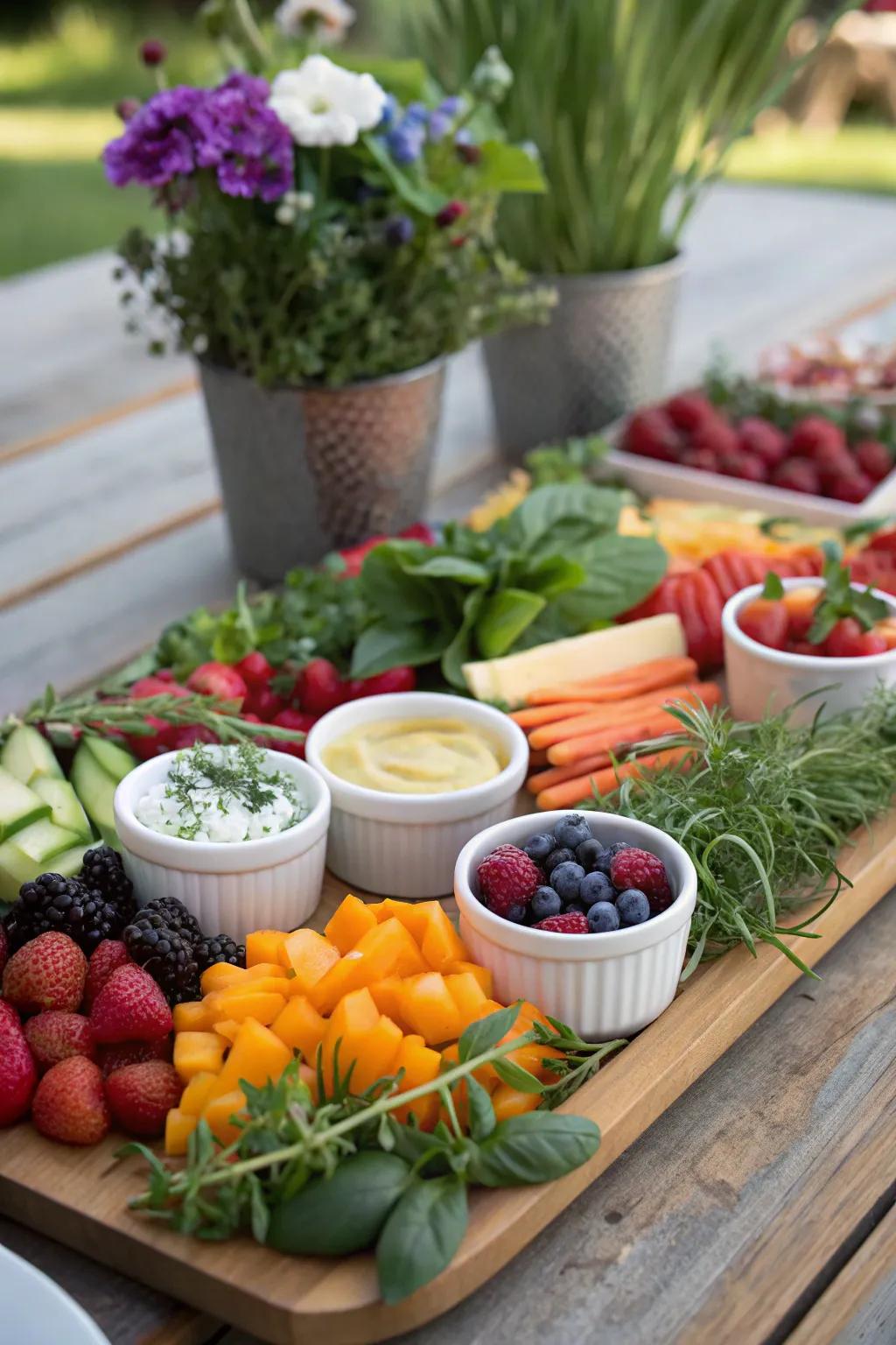 A fresh and colorful spring garden-themed grazing board.