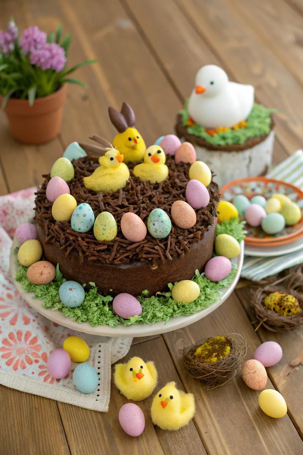 Sugar rabbits and chicks create a whimsical Easter storyland on this cake.
