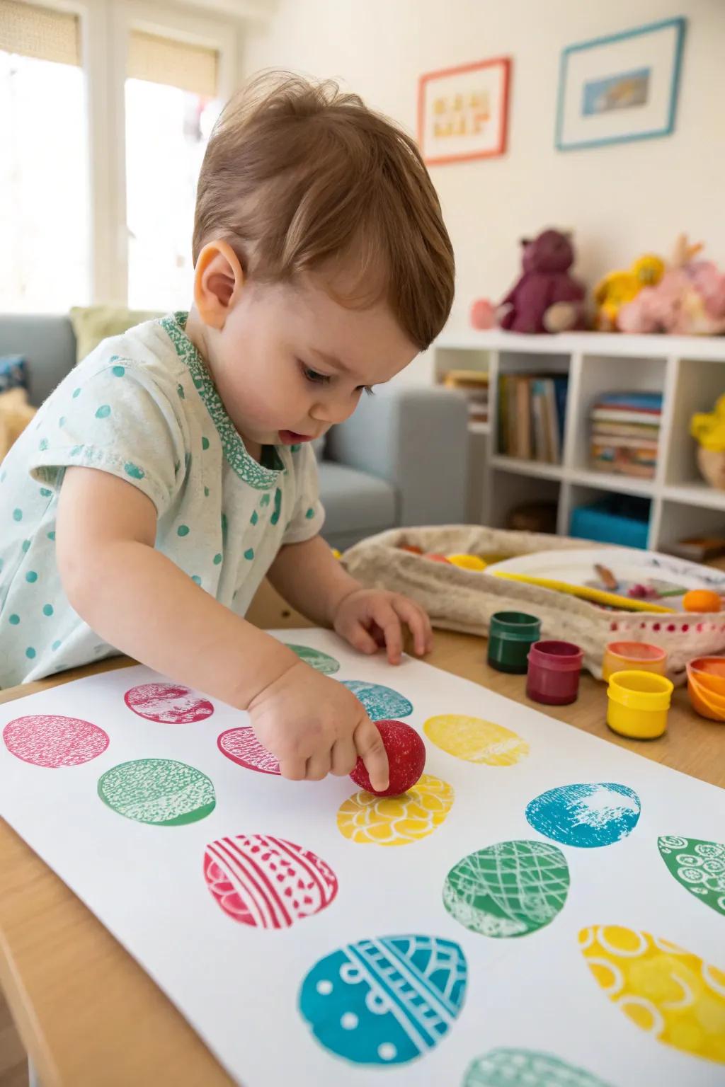A toddler embraces creativity with DIY Easter egg impression makers.