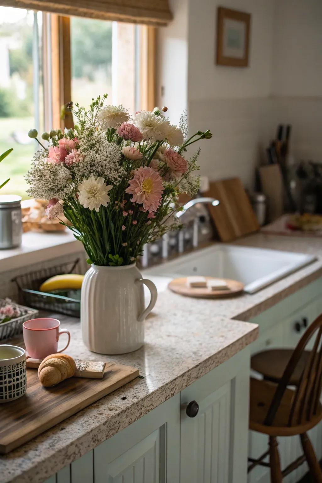 A beautiful botanical composition in light tones enlivens the kitchen.