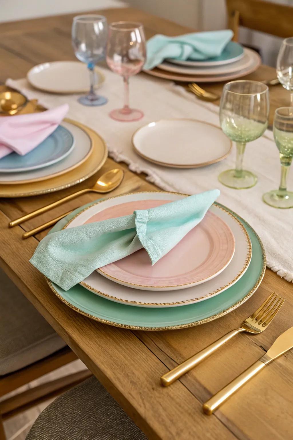 Pastel tableware contributes an air of sophistication to the Easter festivities.