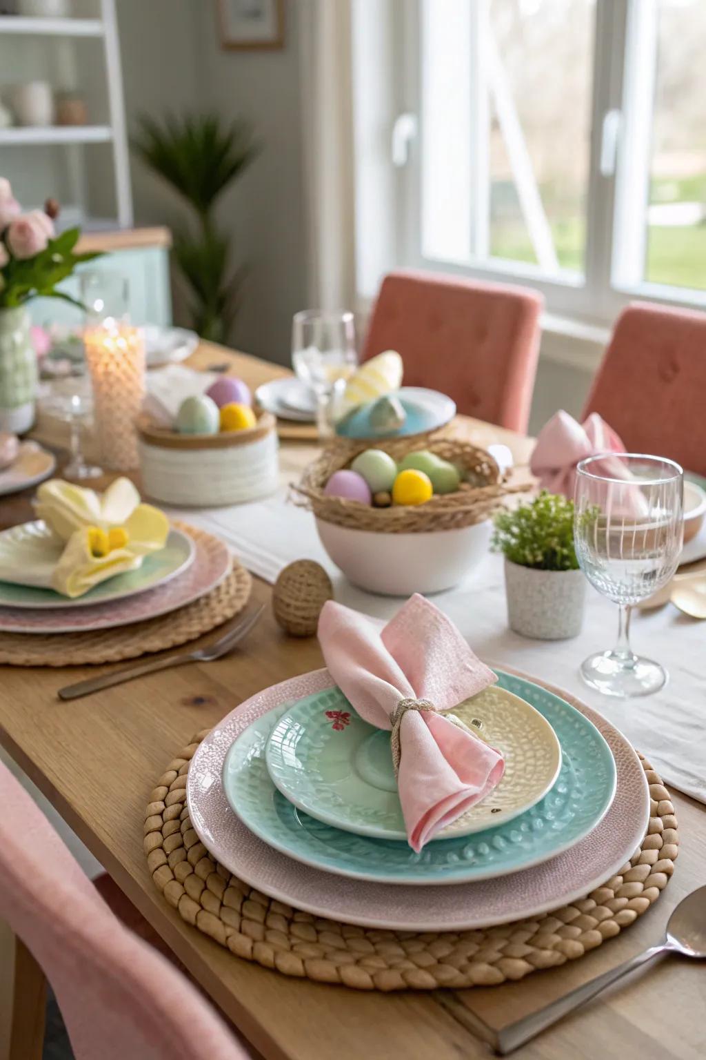 Pastel colors create a harmonious Easter table.