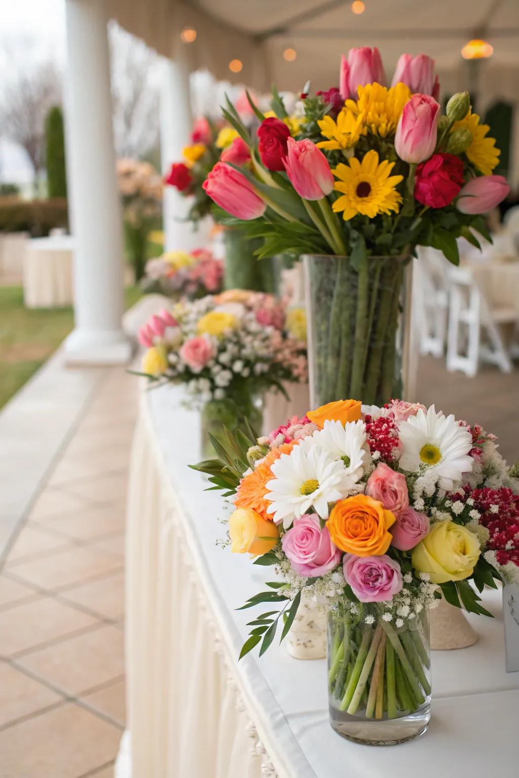 Exquisite floral designs featuring tulips, daisies, and roses, perfect for a springtime wedding.