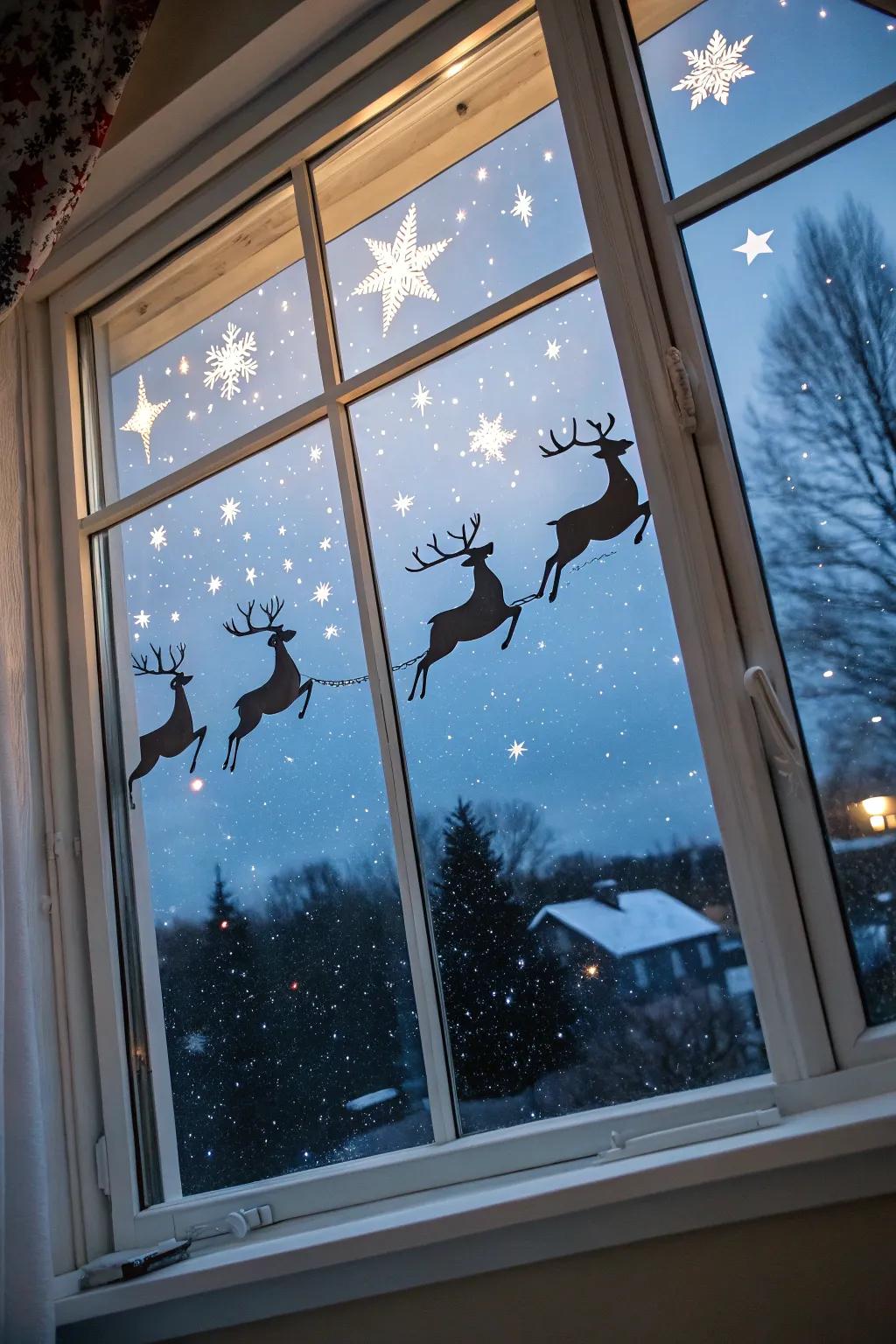 Deer soaring through the night sky, delivering Christmas delight