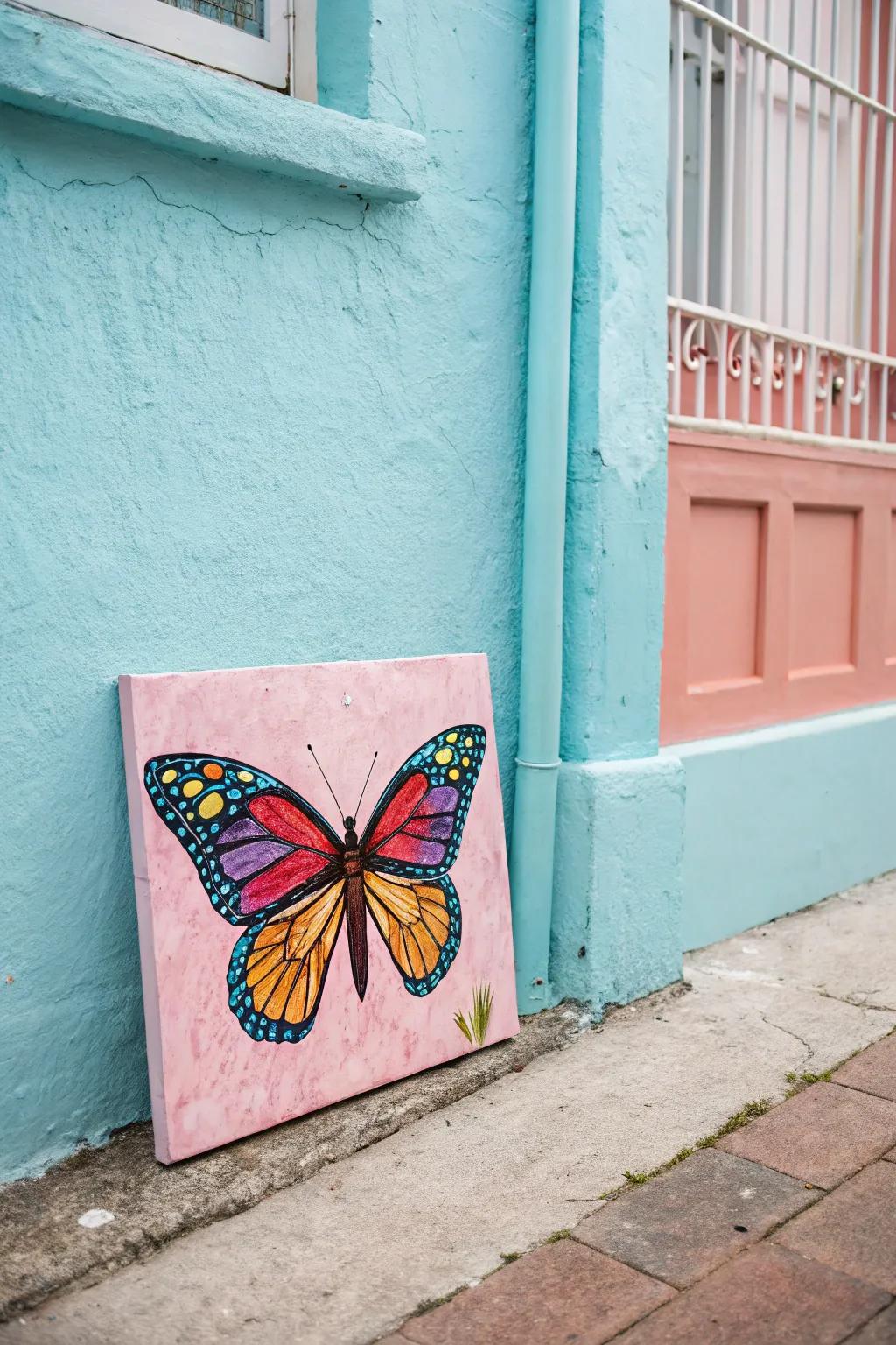 Symmetrical butterfly art to imbue a playful atmosphere.